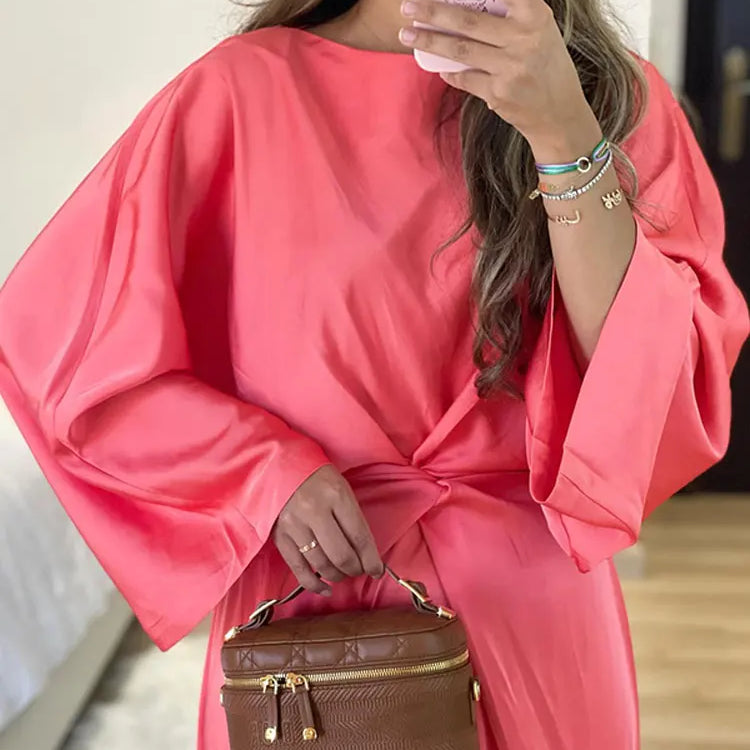 Solid Satin Batwing Sleeve Pleated Maxi Dress Women Fashion Long Sleeve O-neck High Waist Vestidos Lady Casual Loose Robes