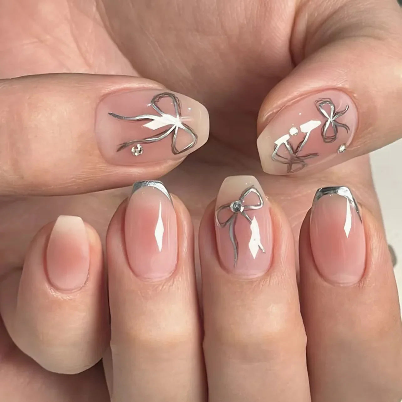 24Pcs Cat's Eye Leopard Print Gradient Fake Nails Mid-length Ballet Press on False Nails 3D Bow Detachable Full Cover Nails Tips