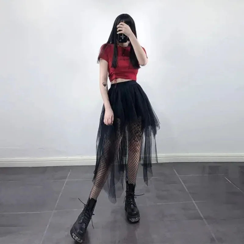 Gothic Black Mesh Skirt Women Summer Fashion High Waist Streetwear Irregular Midi Skirts Chic Dark Series Punk Stitching Skirts