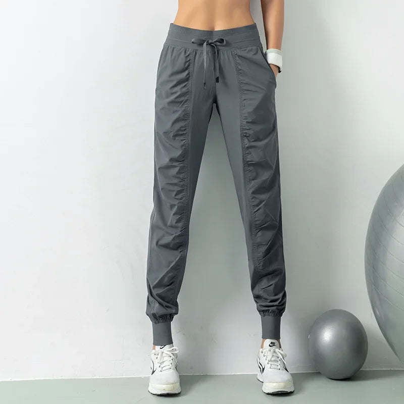 Fabric Drawstring Running Sport Joggers Women Quick Dry Athletic Gym Fitness Sweatpants with Two Side Pockets Exercise Pants Gray