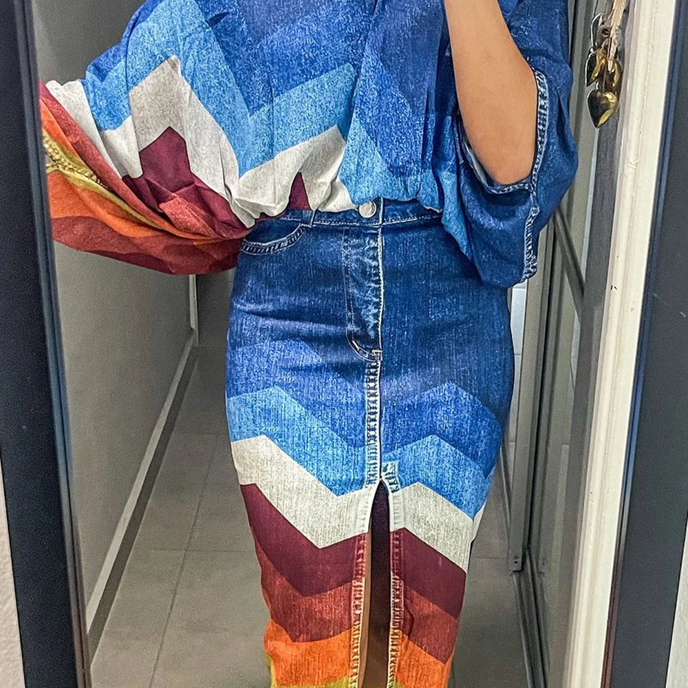 Plus Size Daily Blue Colorblock Round Neck Half Sleeve Split Denim Two Piece Skirt Sets