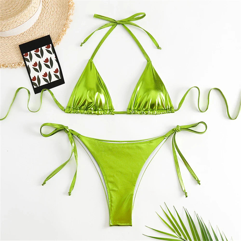 Halter Triangle Sexy Bikini Sets 2023 Women Patent Leather Glitter Swimsuit Summer Solid G-String Swimwear Side Lace Up Monokini s7Fluorescent Green