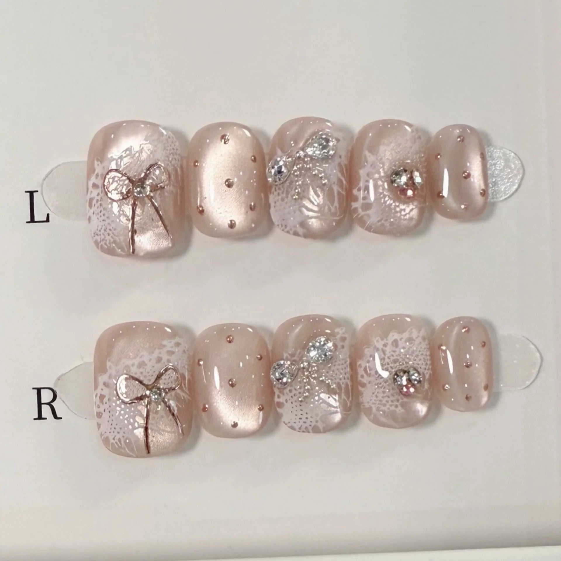 10pcs Cat's Eye Handmade Fake Nail Tips with Bow Flower Brown Short Square Round False Nails Art Wearable Pearl Press on Nails