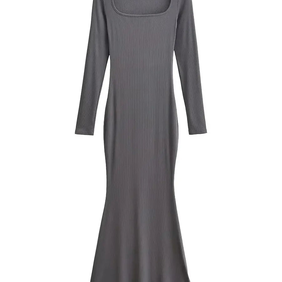 Sexy Square Collar Knitted Cotton Maxi Long Mermaid Dress Women Full Sleeve Stretch Basic Bodycon Fishtail Robe Vestido Dark Grey