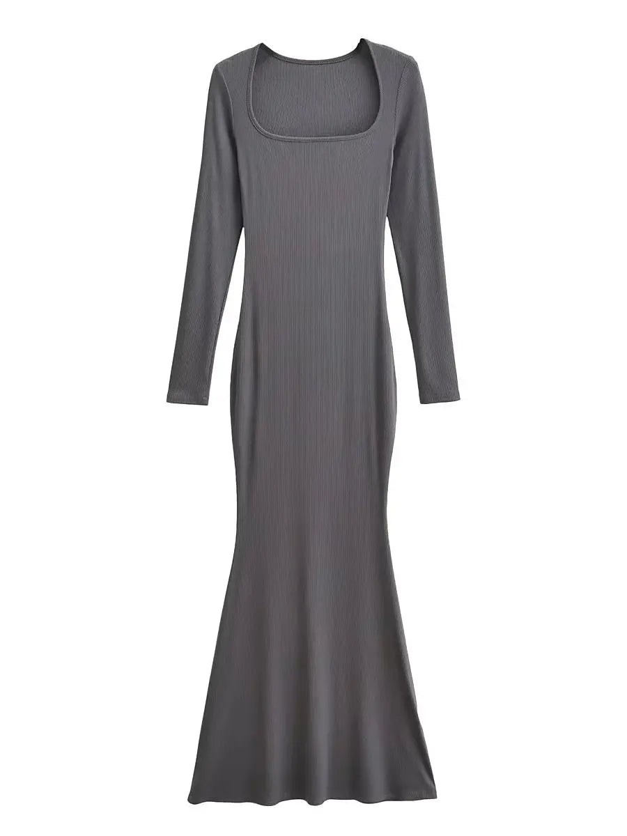 Sexy Square Collar Knitted Cotton Maxi Long Mermaid Dress Women Full Sleeve Stretch Basic Bodycon Fishtail Robe Vestido Dark Grey