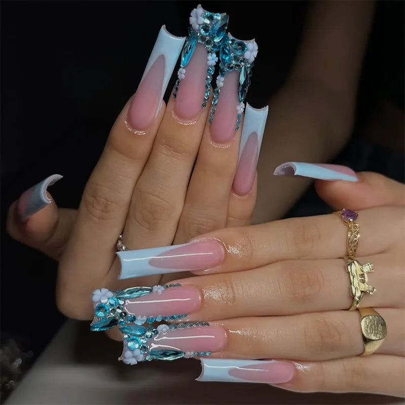 24Pcs Long French Square Head Press on False Nails 3D Blue Flower Rhinestone Design Full Cover Fake Nails Tips Wearable Manicure