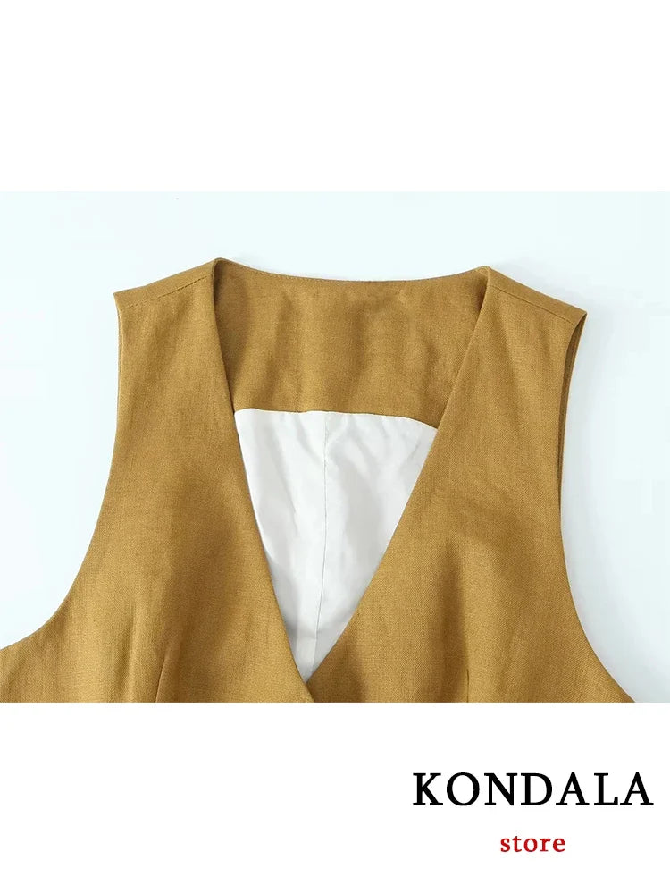 KONDALA Office Lady Linen Brown Suits Women V Neck Single Buttons Vest Blazer+High Waist Wide Leg Pants Fashion Summer Sets