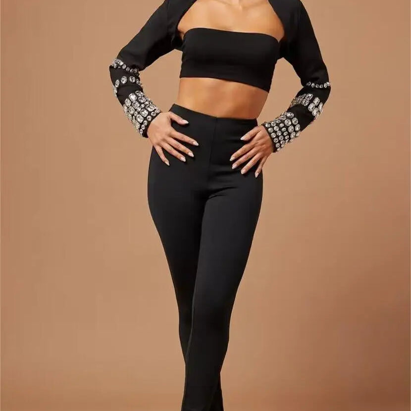 Stylish Sexy Woman Bandage Set Sparkling Diamonds Sleeve Wraps Short Strapless And Bodycon Pants 3 Pieces Evening Party Vestido