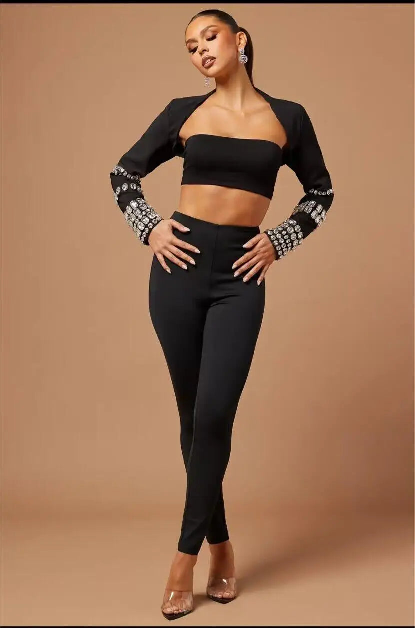 Stylish Sexy Woman Bandage Set Sparkling Diamonds Sleeve Wraps Short Strapless And Bodycon Pants 3 Pieces Evening Party Vestido