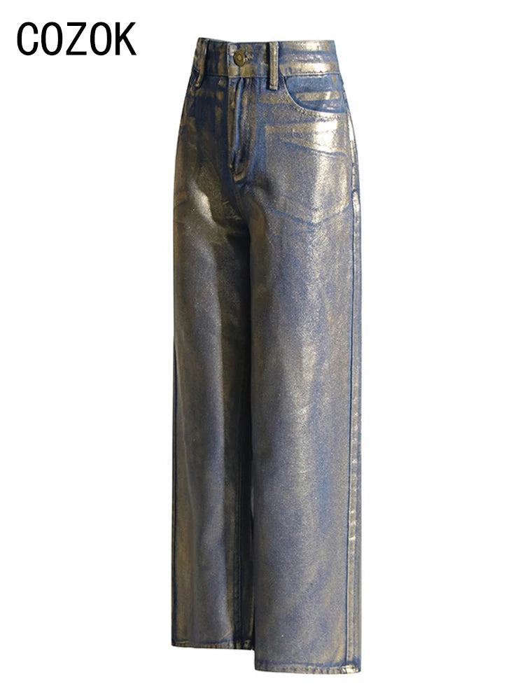 Metallic Wide Leg Jeans High Waist Pants For Women Autumn Vintage Y2K Streetwear Casual Loose Straight Denim Trousers