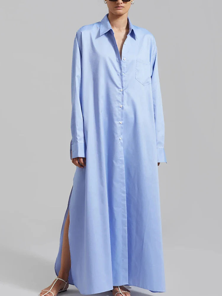 Solid Minimalist Split Dresses For Women Lapel Long Sleeve High Waist Patchwork Single Breasted Loose Dress Female