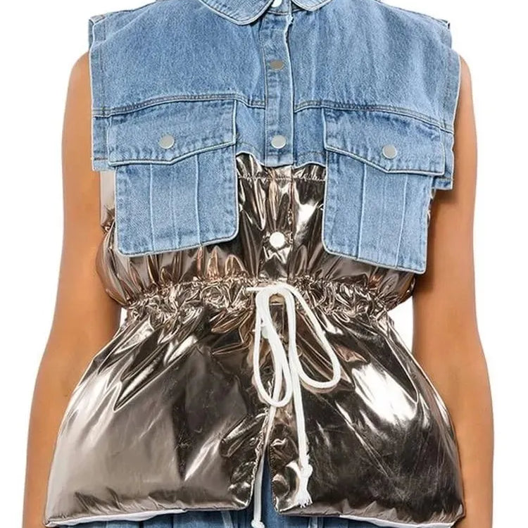 Fashion Patchwork Denim Parkas For Women Lapel Sleeveless Hit Color Spliced Pockets Chic Winter Thick Vest Female Clothing