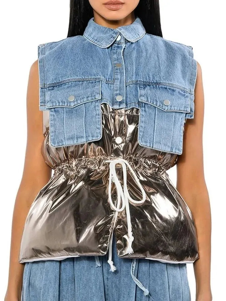 Fashion Patchwork Denim Parkas For Women Lapel Sleeveless Hit Color Spliced Pockets Chic Winter Thick Vest Female Clothing