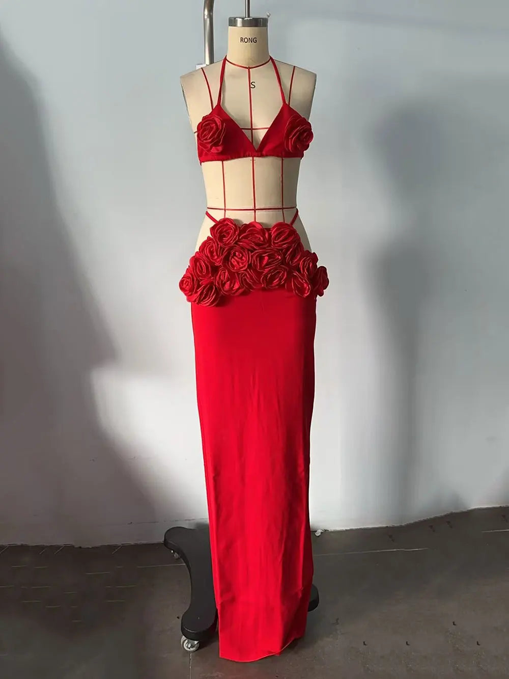 Sexy Women'S Three-Dimensional Flower Bandage Long Dress Set Spaghetti Strap Sleeveless Ultra Short Vest + Skirt Two-Piece Set