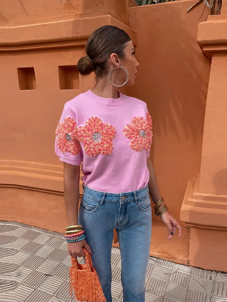 Fashion Women 3D Flower Knitted Sweater Elegant Lady O Neck Short Sleeved Pullover Tops Chic Female Commute Street Outfits