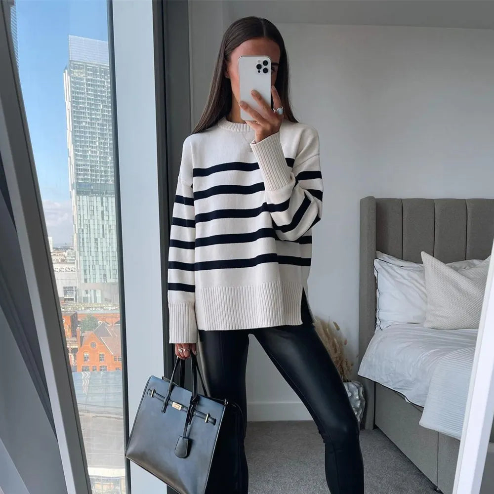 Casual oversized gestreepte pullovers vrouwen gebreide basis herfst winter loszittende dikke jumpers truien vrouwelijke kleding