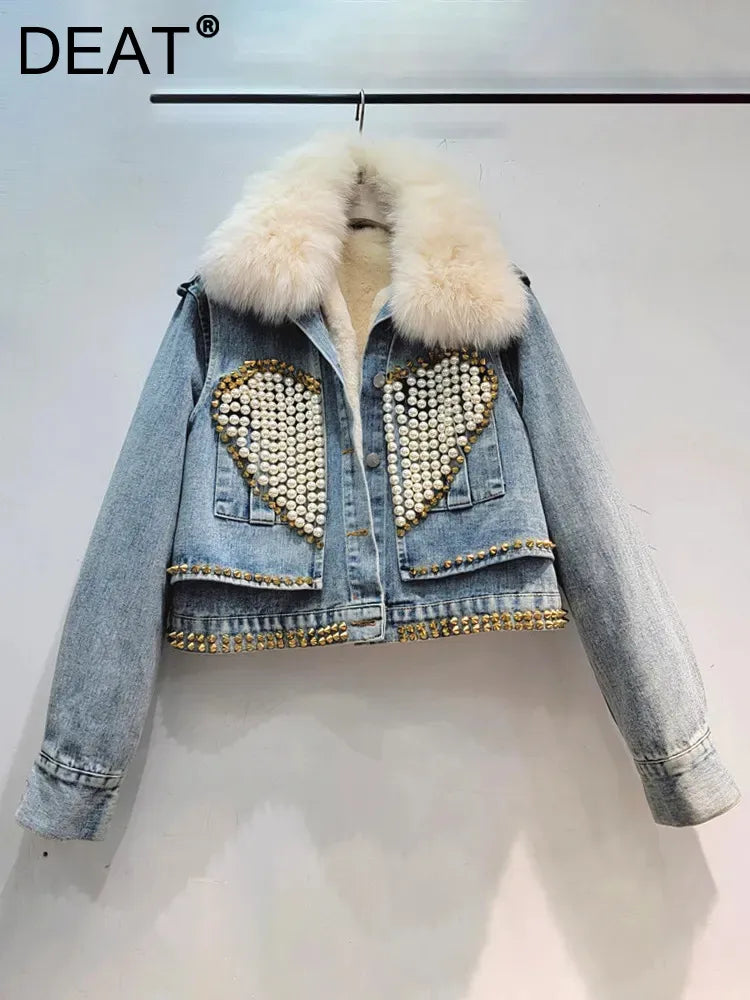 Frauen Denim Coat Fuchs Halsband Herz Perlen bestickte Fackeln Niete Plüsch Dicke Jacken Winter Neue Mode