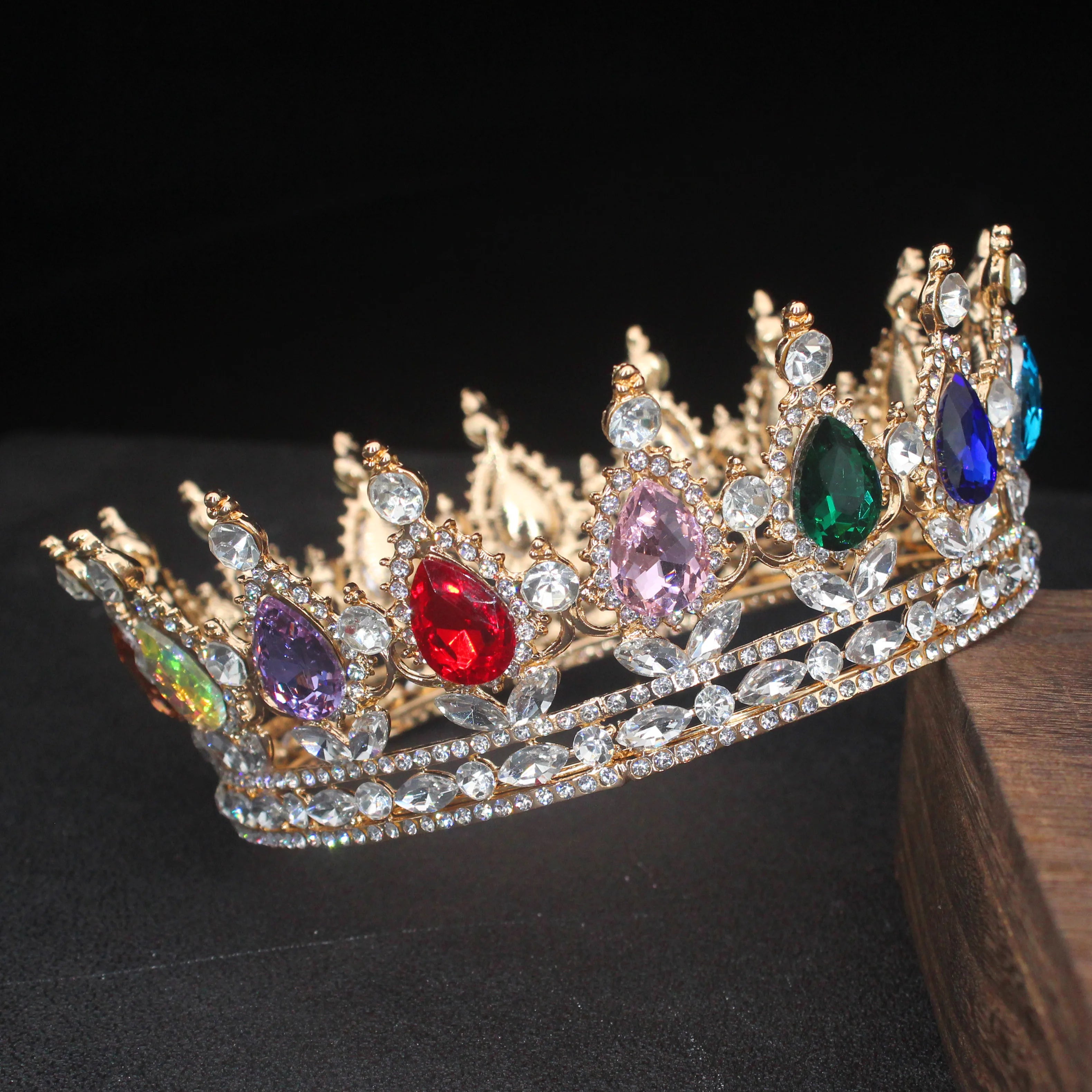 Crystal Queen King Tiaras and Crowns Bridal Diadem For Bride Women Headpiece Hair Ornaments Wedding Head Jewelry Accessories colorful Gold