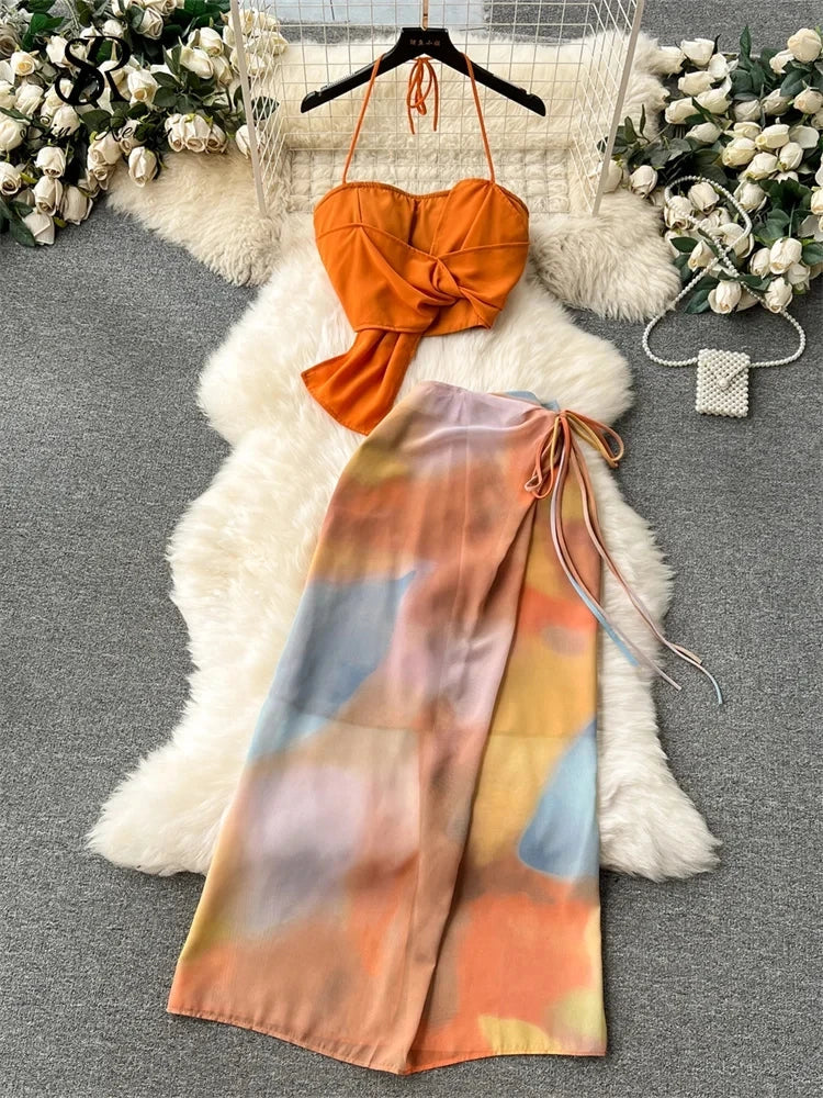 SINGREINY High Quality Holiday Suits Strapless Halter Strapless Top+Zipper Tie Dye Skirt Female Fashion Sexy Two Pieces Suit orange