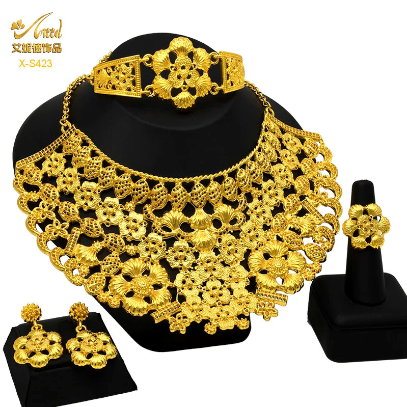 Indian Big Plated Gold Jewelry Women Necklace Sets Dubai African Party Bridal Wedding Gifts Arabic Necklace Jewelry Sets S-423