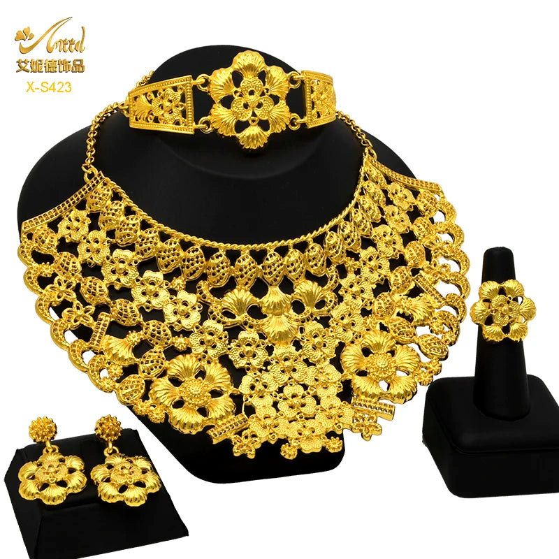 Indian Big Plated Gold Jewelry Women Necklace Sets Dubai African Party Bridal Wedding Gifts Arabic Necklace Jewelry Sets S-423