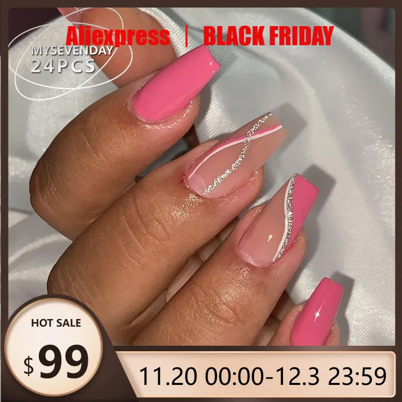 24pcs Rose Red Silver Powder Stripes Almond French Style Press on Nails Pink 3D Fake Nails Full Cover Wearable False Nails
