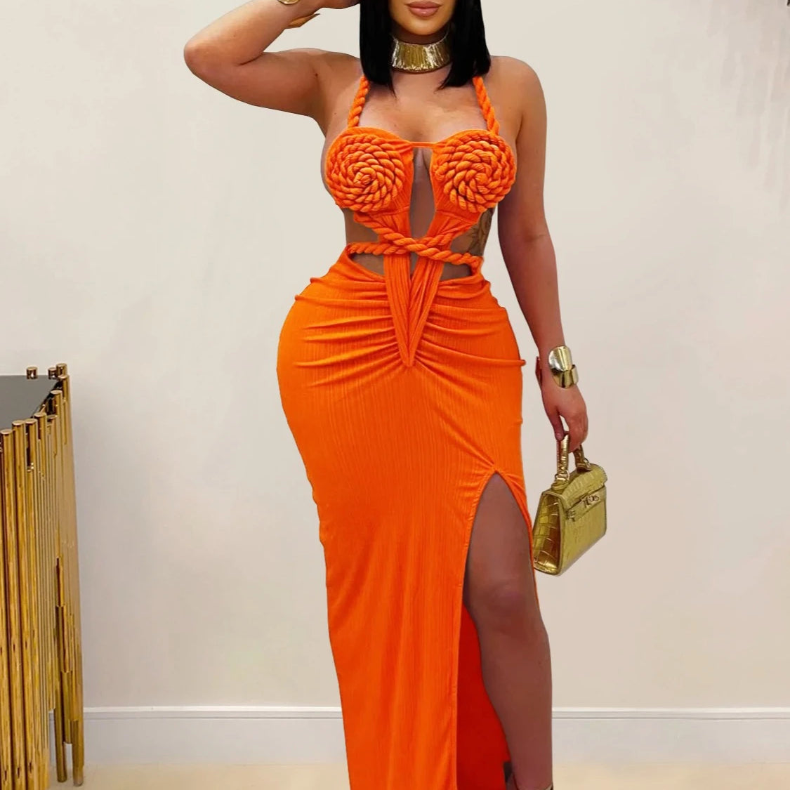 CM.YAYA Women Hemp Rope Halter Neck Stacked Ruched High Split Knit Bodycon Midi Maxi Long Dress 2025 Birthday Sexy Party Dresses