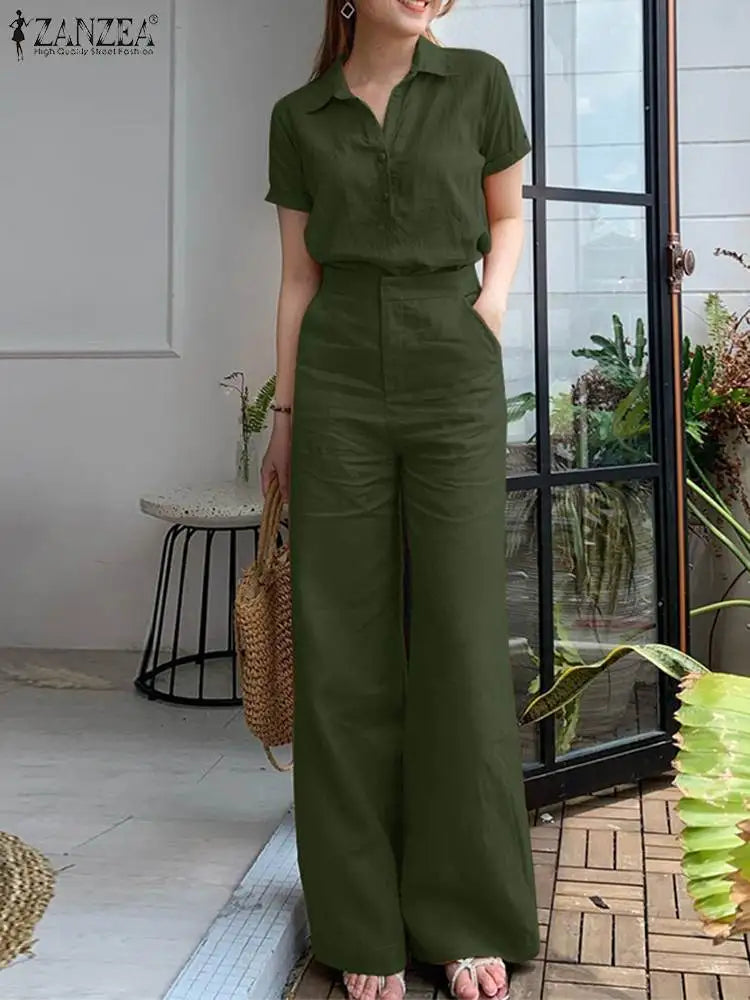 ZANZEA Summer Fashion Suit Lapel Short Sleeve Shirt Wide Leg Pants 2pcs Woman Vintage Office OL Matching Sets Casual Tracksuits Dark Green