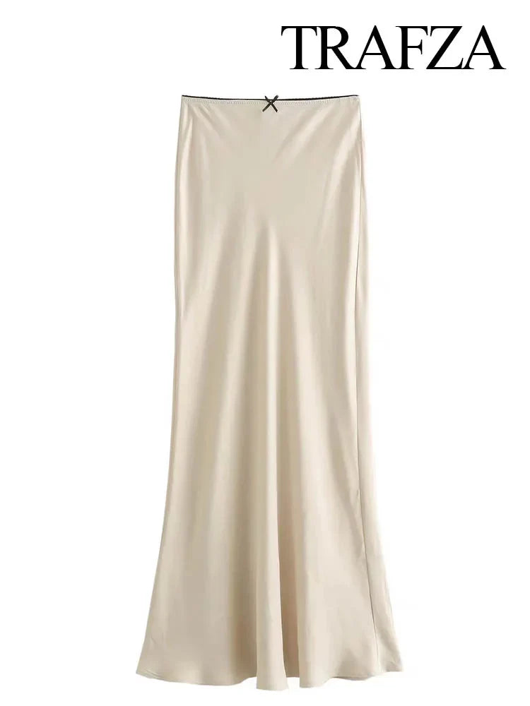 TRAFZA Satin Midi Skirt Woman High Waist Long Skirts For Women New Fashion 2023 Autumn Casual Elegant Party Women's Skirts
