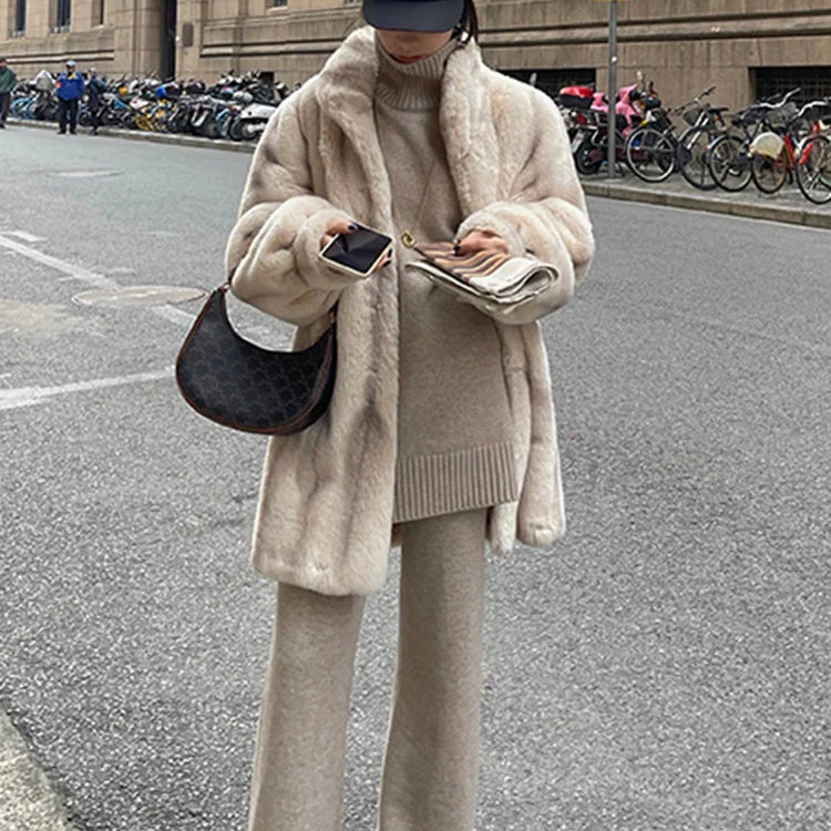 Winter Thick Warm Faux Mink Fur Coat Women Stand Collar Elegant Chic Luxury Designer Clothes Runway Fluffy Jacket 2022