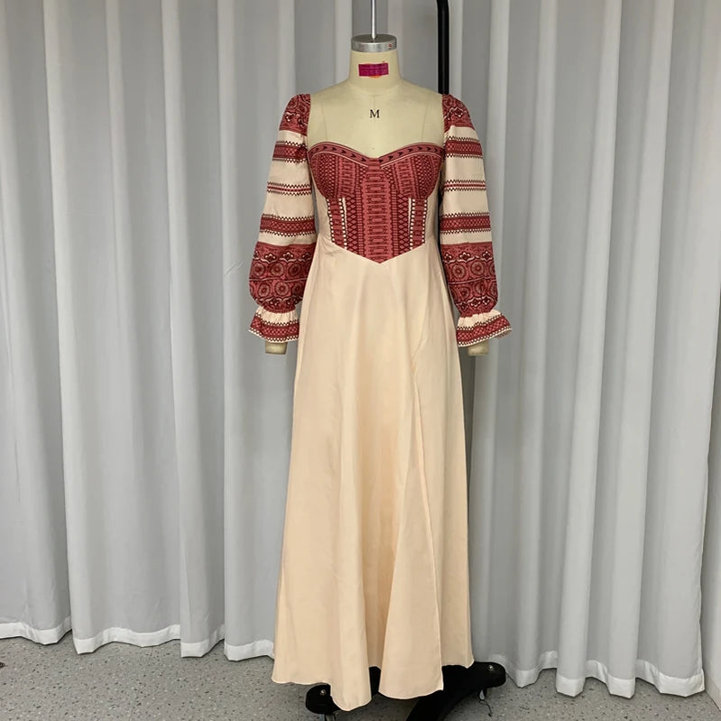 Wefads Women's Dresses Autumn Sexy Square Neck Long Sleeve Nipped Waist Printed High Slit Party Maxi Dress Elegant Streetwear