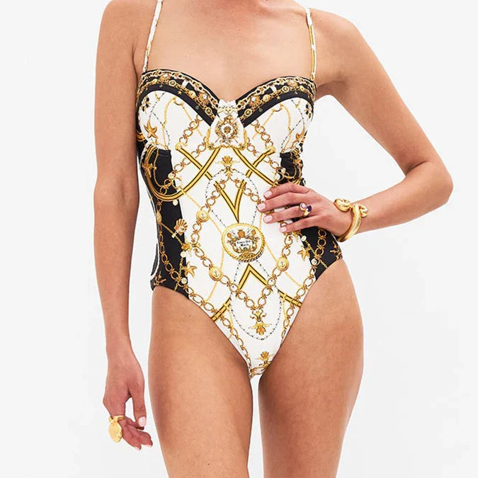 Courtl Vintage Gold Print One-piece Bikini Swimwear Costume Sexy Fashion Slim Fit Swimsuit With Long Trousers Beach Holiday 2024