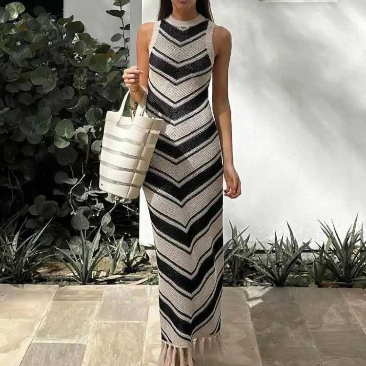 Summer Knitted Beach Dress Women Elegant Fashion Tassel Striped Long Dresses Summer Slim Bohemian Holiday Outfits  Beachwear