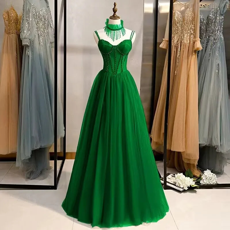 Prom Party Dresses Sexy See-Through Bodice Floor Length Evening Dress Formal Occasion Gown green