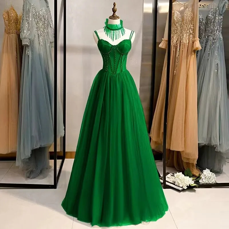 Prom Party Dresses Sexy See-Through Bodice Floor Length Evening Dress Formal Occasion Gown green