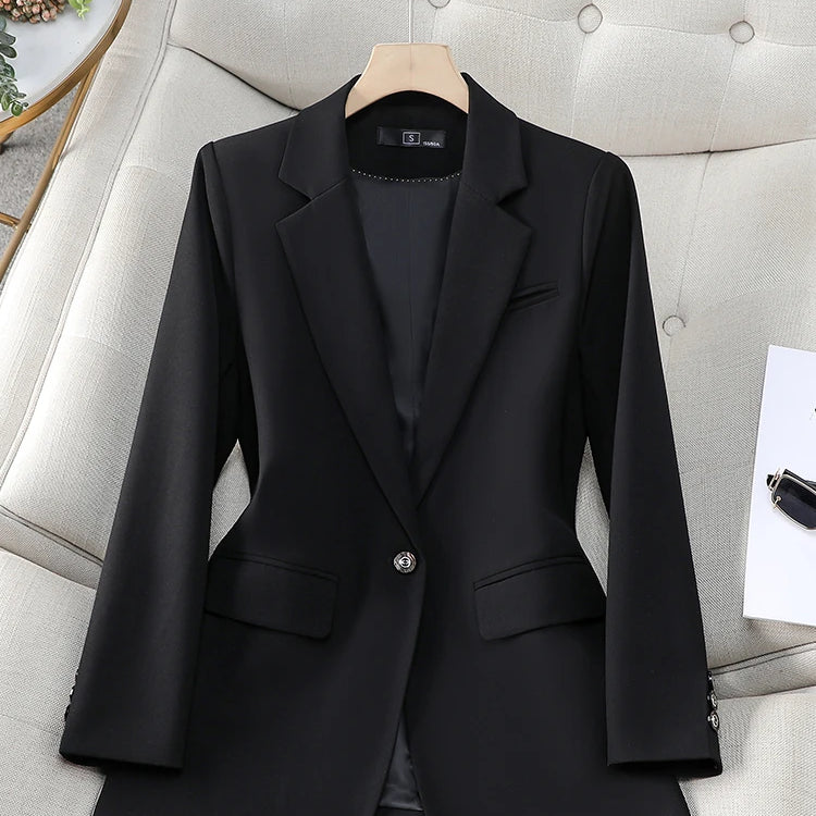 Fashion Autumn Winter Women Blazer Black Coffee Blue Female Long Sleeve Single Button Ladies Casual Jacket Coat
