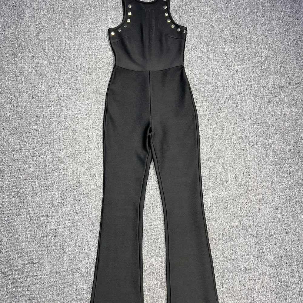 Macacão feminino preto sem mangas, sexy, com rebites, estilo bandagem, para festa de boate e baile