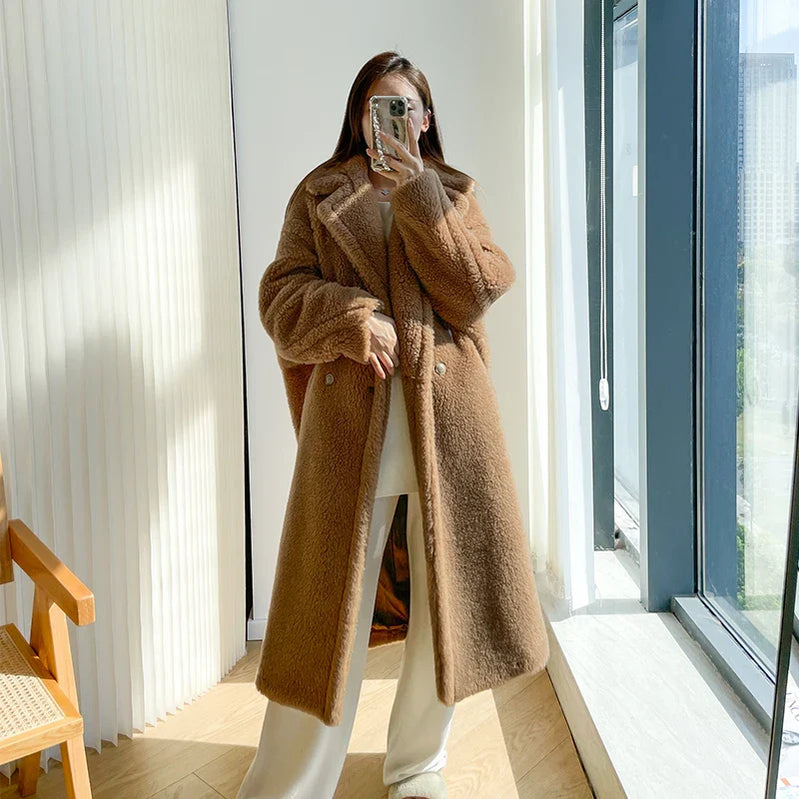 Teddy teddy bear coat women's autumn and winter fur grain camel wool coat alpaca wool med-long woolcoat camel