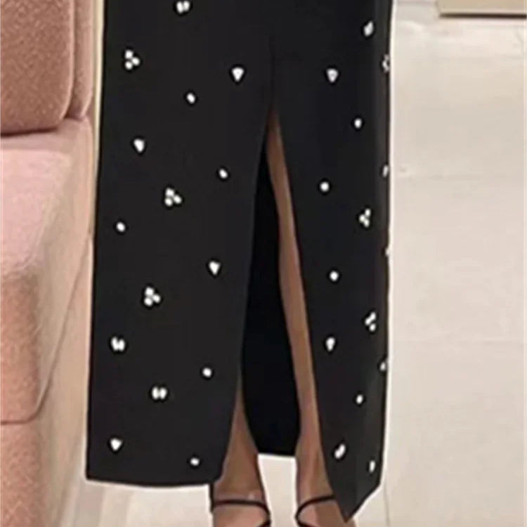 Women Classic Black Split Knitted Skirt Diamond Embellishment Slim Fit Mid Length Skirts  Early Autumn