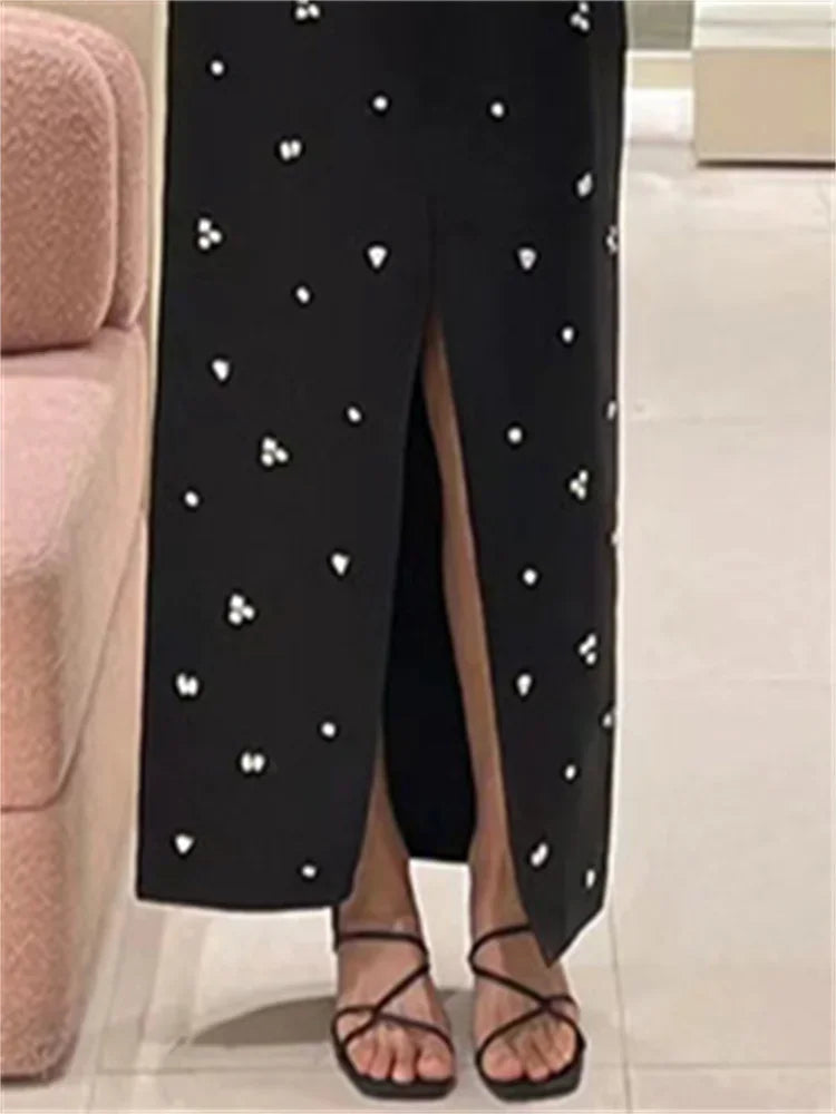 Women Classic Black Split Knitted Skirt Diamond Embellishment Slim Fit Mid Length Skirts  Early Autumn