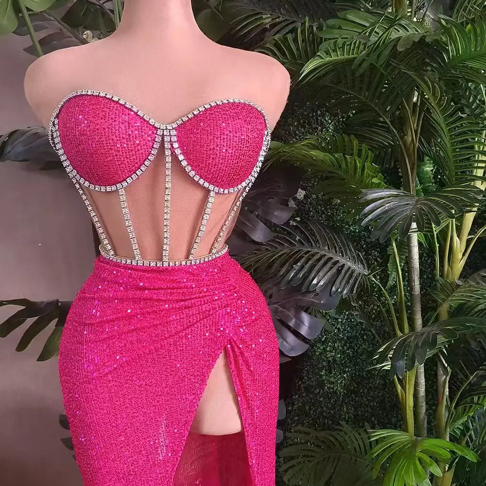 Stunning Sparkly Rhinestone Sequins Streamer Theme Party Hollow Out Tops Skirt 2Pieces Set Suit Festival Event Bodycon Tangguo