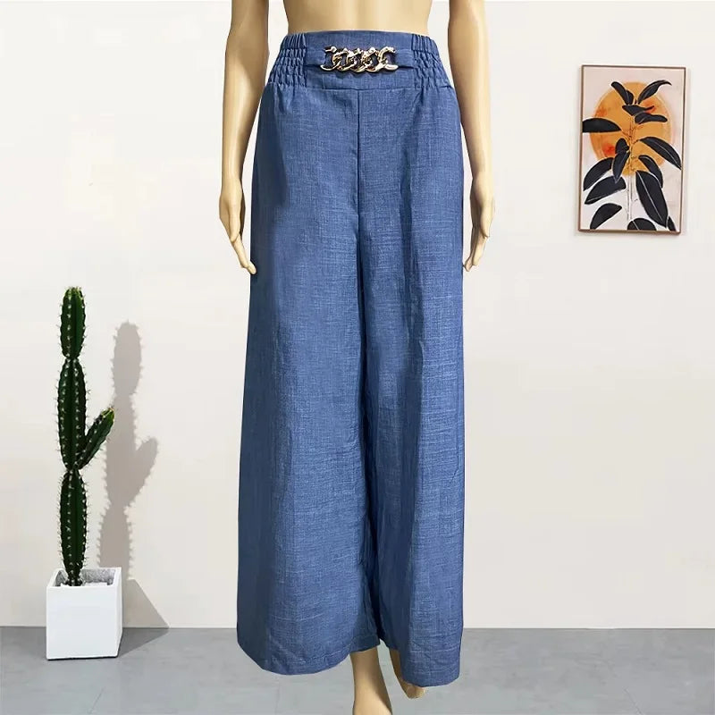 High Waist Solid Color Wide Leg Pants Summer Chic Loose Elegant Metal Flared Pant Office Ladies Straight Holiday Women Trousers