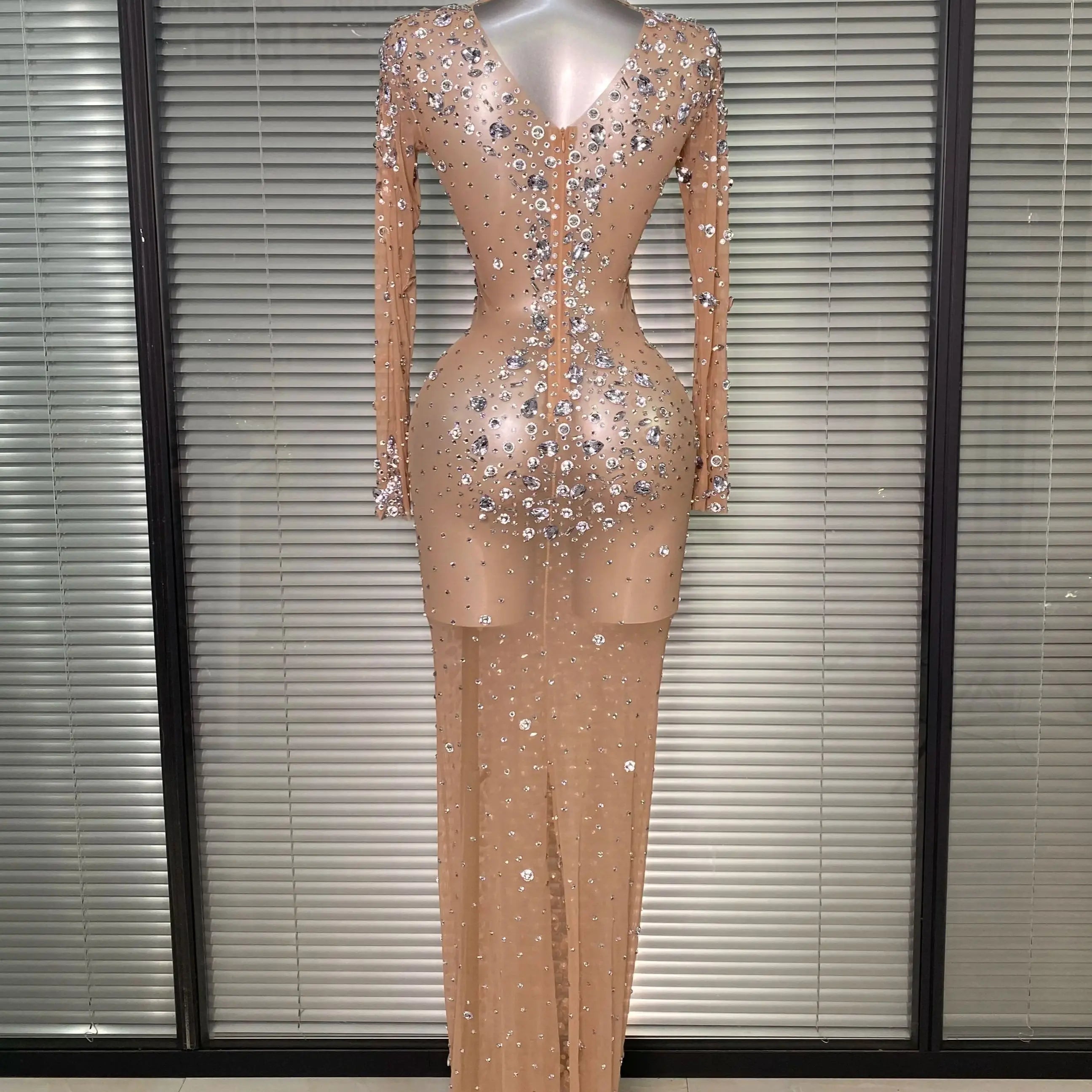 New Women Sexy Long Sleeve See Through Crystal Diamonds Maxi Dress Birthday Party Costume Bar Skin Singer Stage Costume