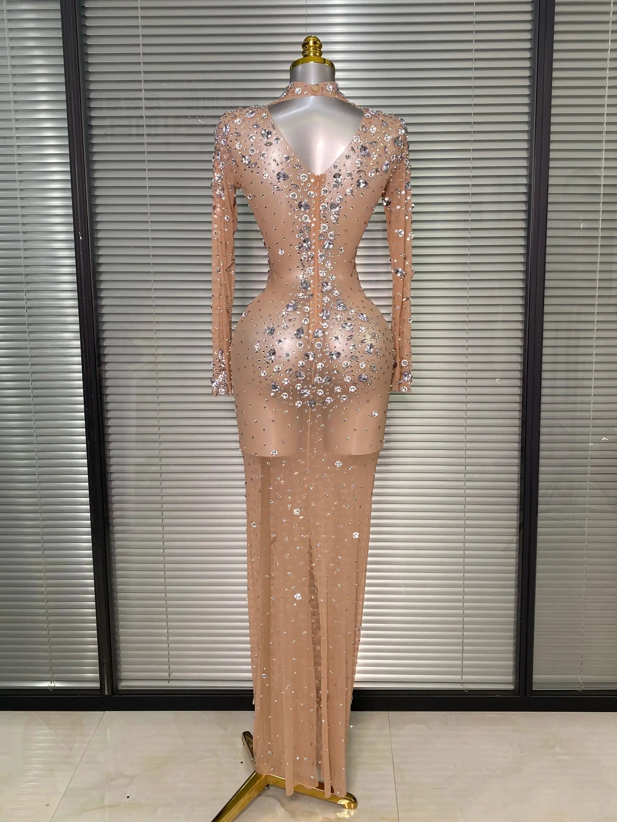 New Women Sexy Long Sleeve See Through Crystal Diamonds Maxi Dress Birthday Party Costume Bar Skin Singer Stage Costume