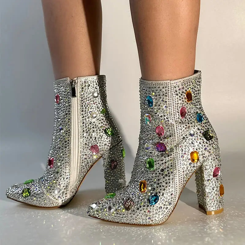 Onlymaker Women Rhinestones Ankle Boots Pointed Toe Zipper Luxury Bling Party Dress Big Size Lady Booties