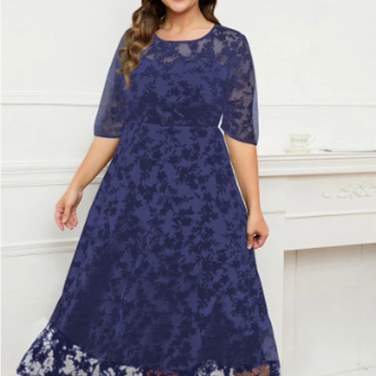 Women A-Line Dress Plus Size Lace Flocking Mesh Velvet Double Layer Tunic Embroidery Elegant Half Sleeve Spring Maxi Dress Navy Blue