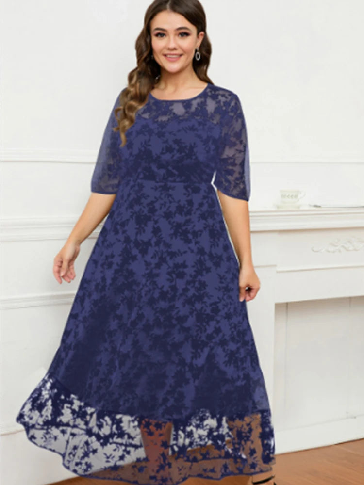 Women A-Line Dress Plus Size Lace Flocking Mesh Velvet Double Layer Tunic Embroidery Elegant Half Sleeve Spring Maxi Dress Navy Blue