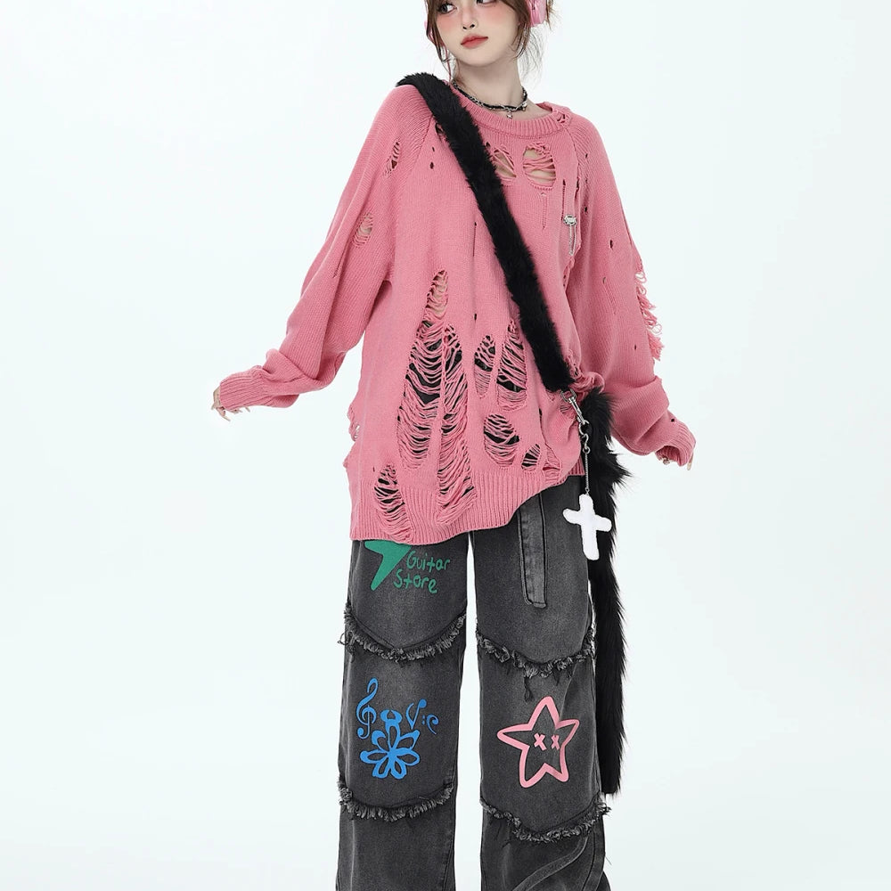 American Retro Graffiti Women's Jeans Autumn Winter Casual Star Jeans for Women Patchwork Women High Waist Y2K Pants with Belt