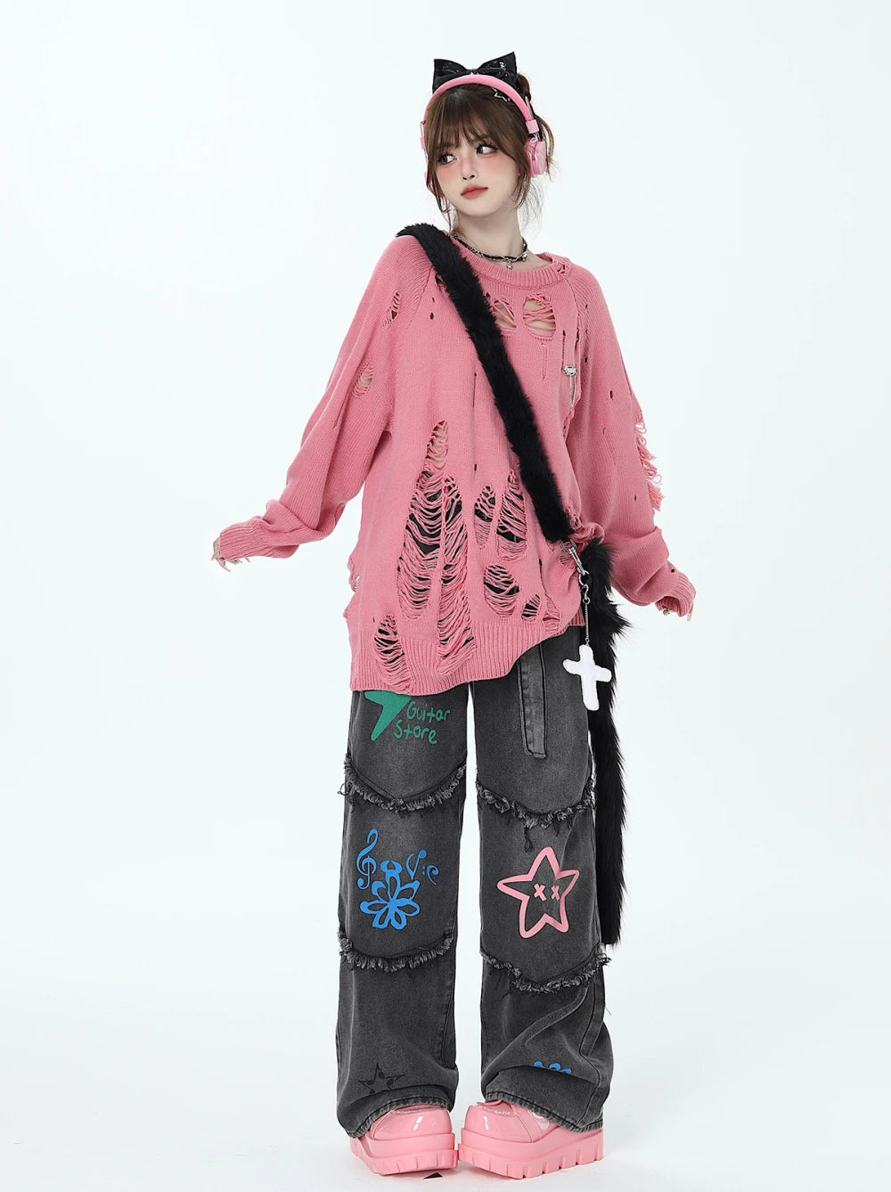 American Retro Graffiti Women's Jeans Autumn Winter Casual Star Jeans for Women Patchwork Women High Waist Y2K Pants with Belt