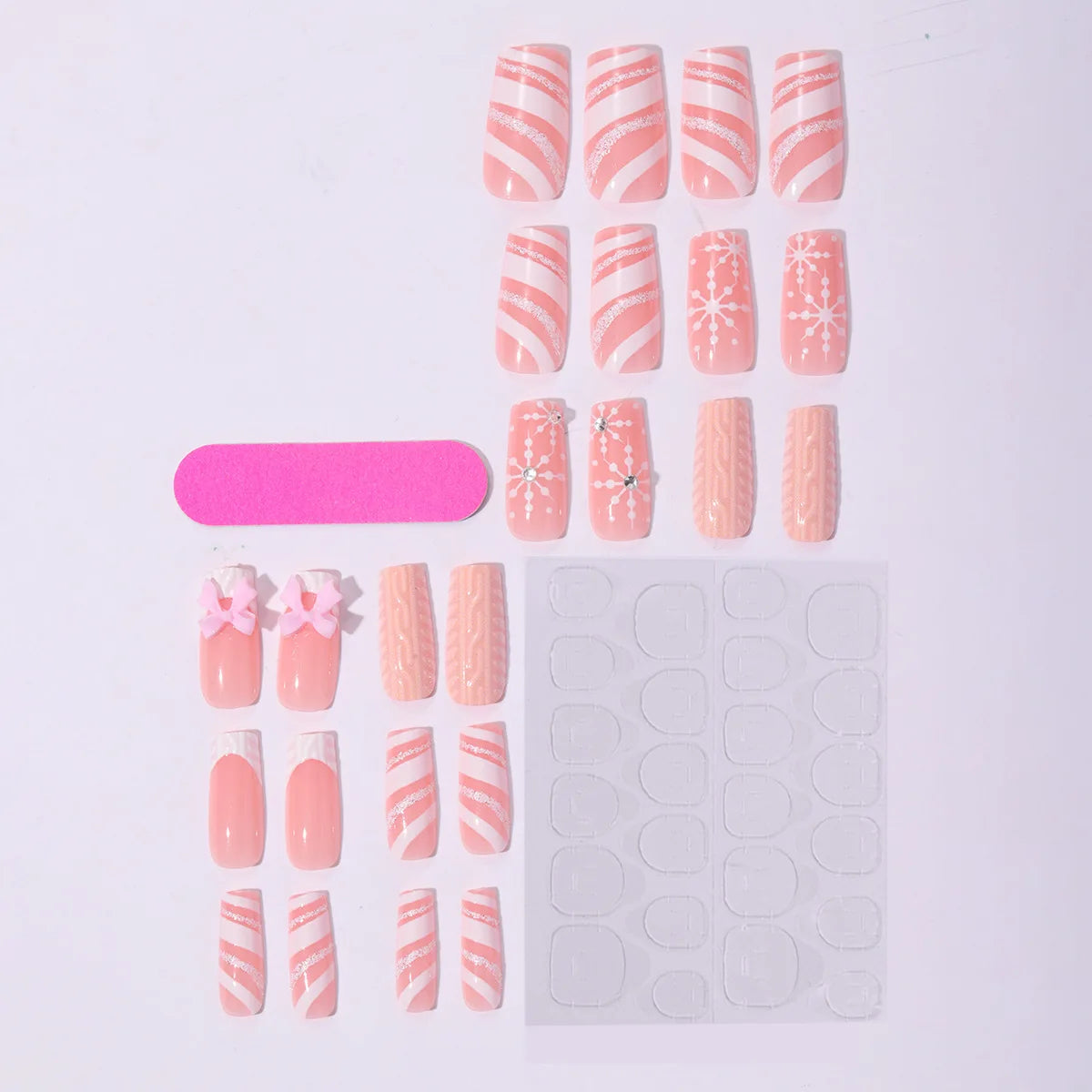 24Pcs Nude Pink Color Fake Nails Women Christmas Party Ballet Press On Nails White French Acrylic False Nails 3D Bowknot Decor